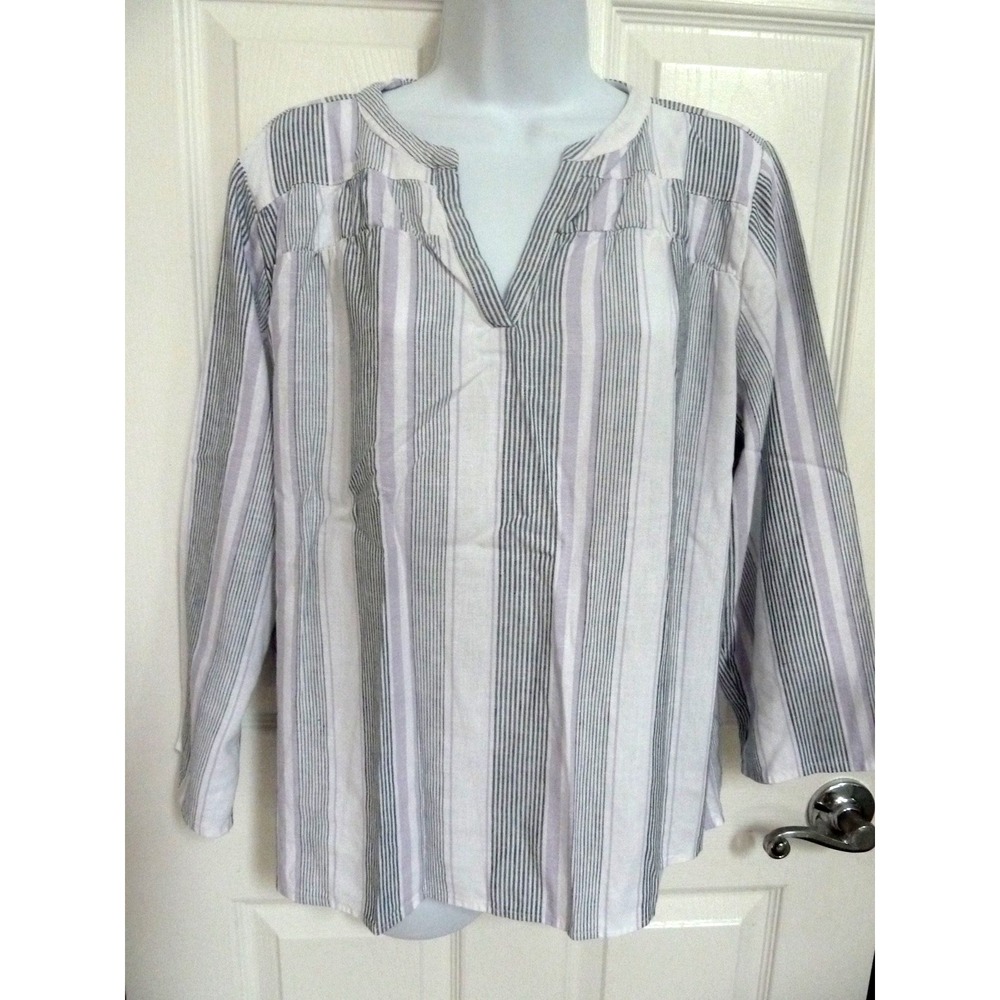 SPLENDID Sz Large Vert. Stripe Rayon/Linen Blouse Gathered Bodice Pullover